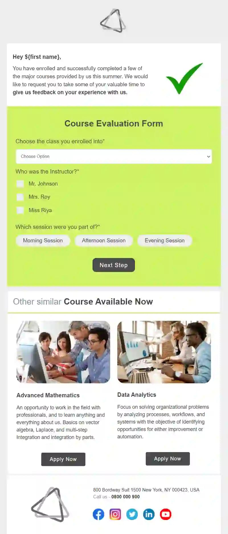 Free Course Evaluation Form Email Template