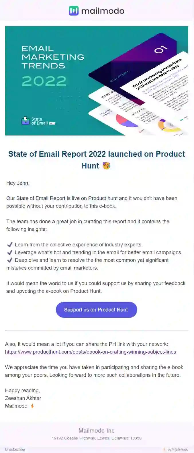 Product Hunt E-book Launch Email Template