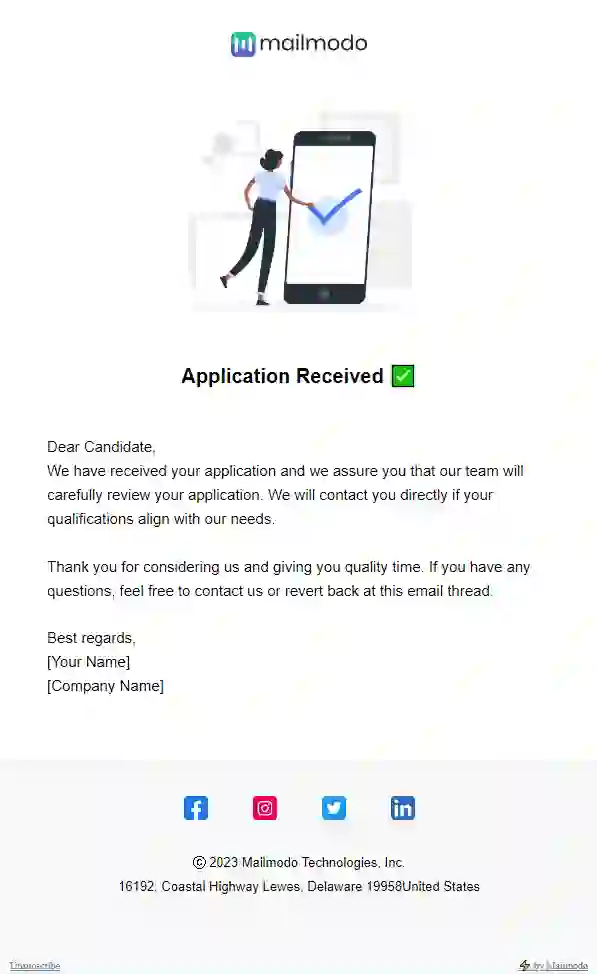 Free Job Application Acknowledgment Email Template