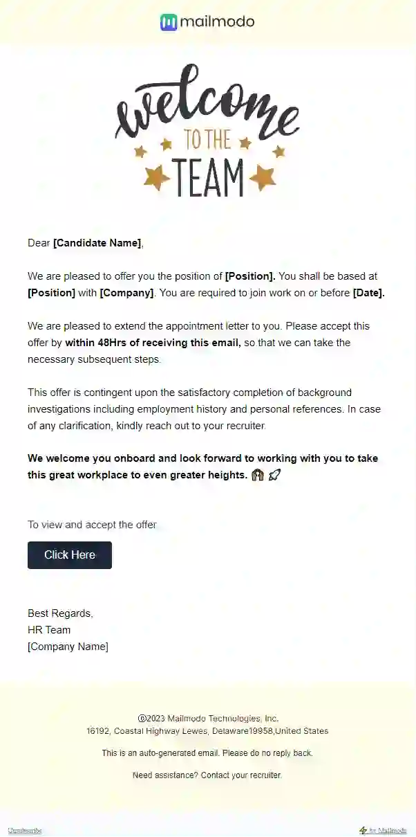 Free Job Offer Letter Email Template