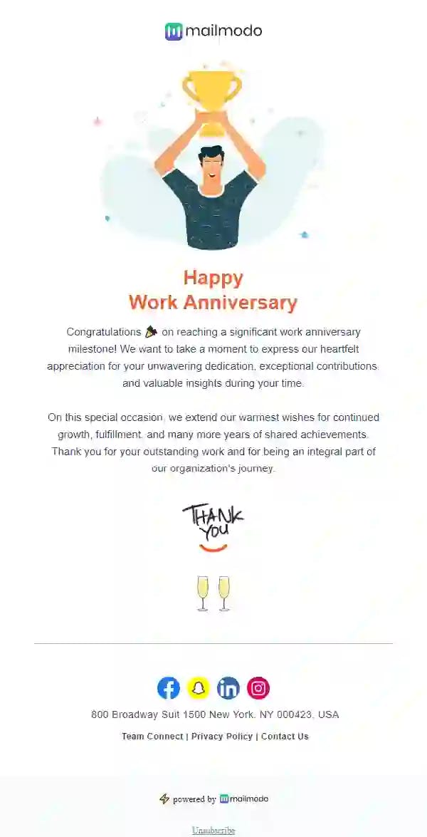 Free Work Anniversary Email Template