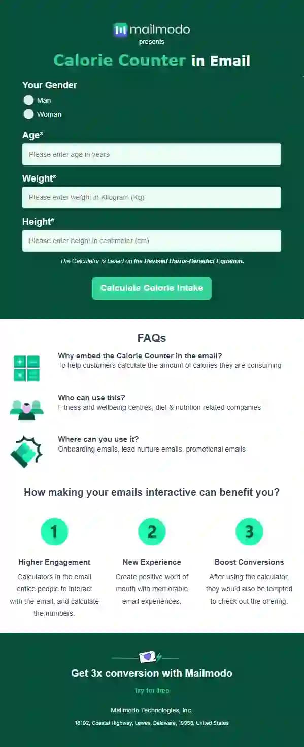 Free Calorie Counter Calculator in Email