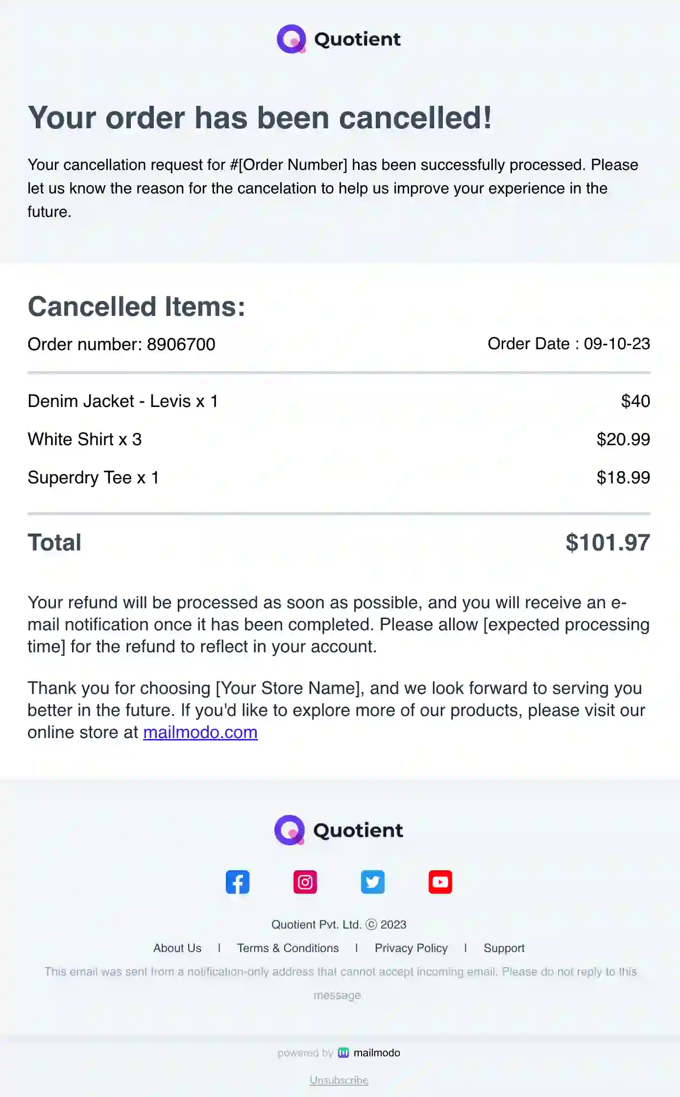 Order Cancellation Email Template