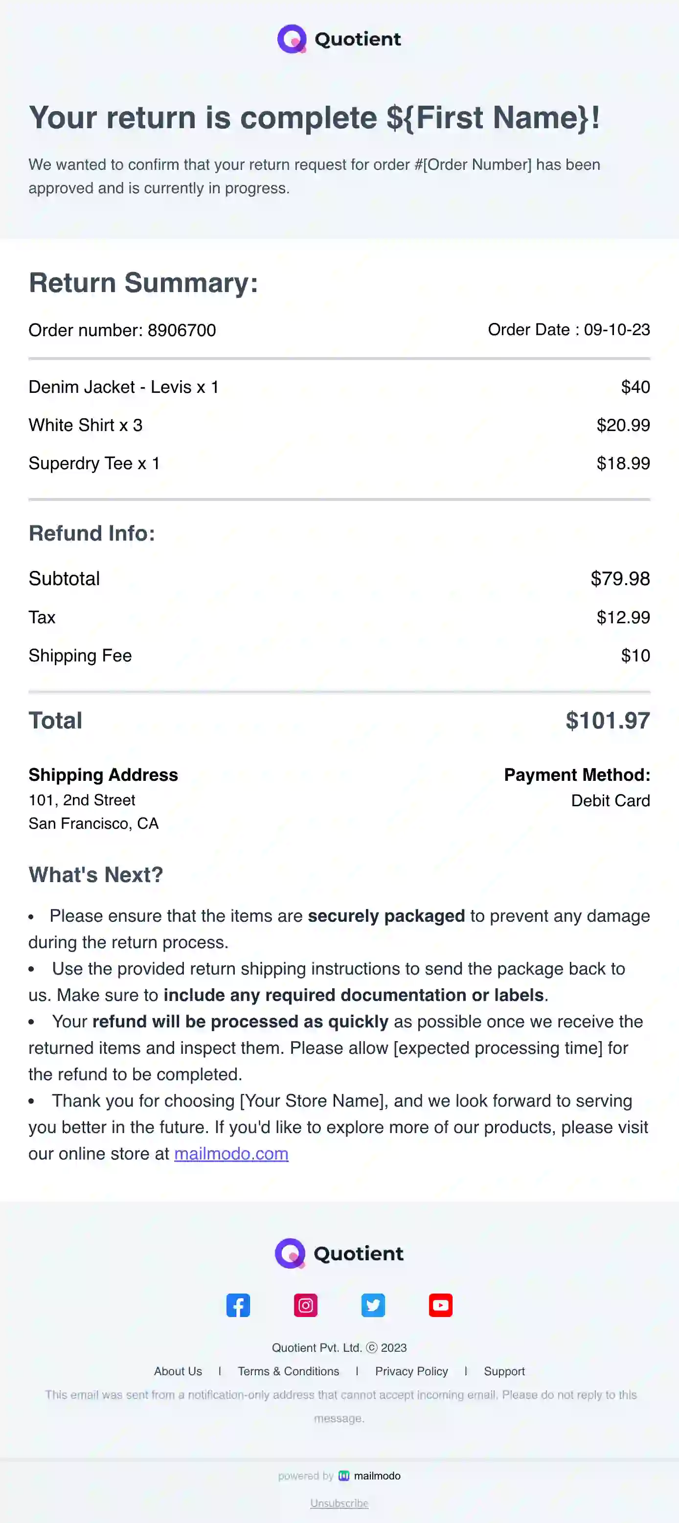 Order Return Email Template