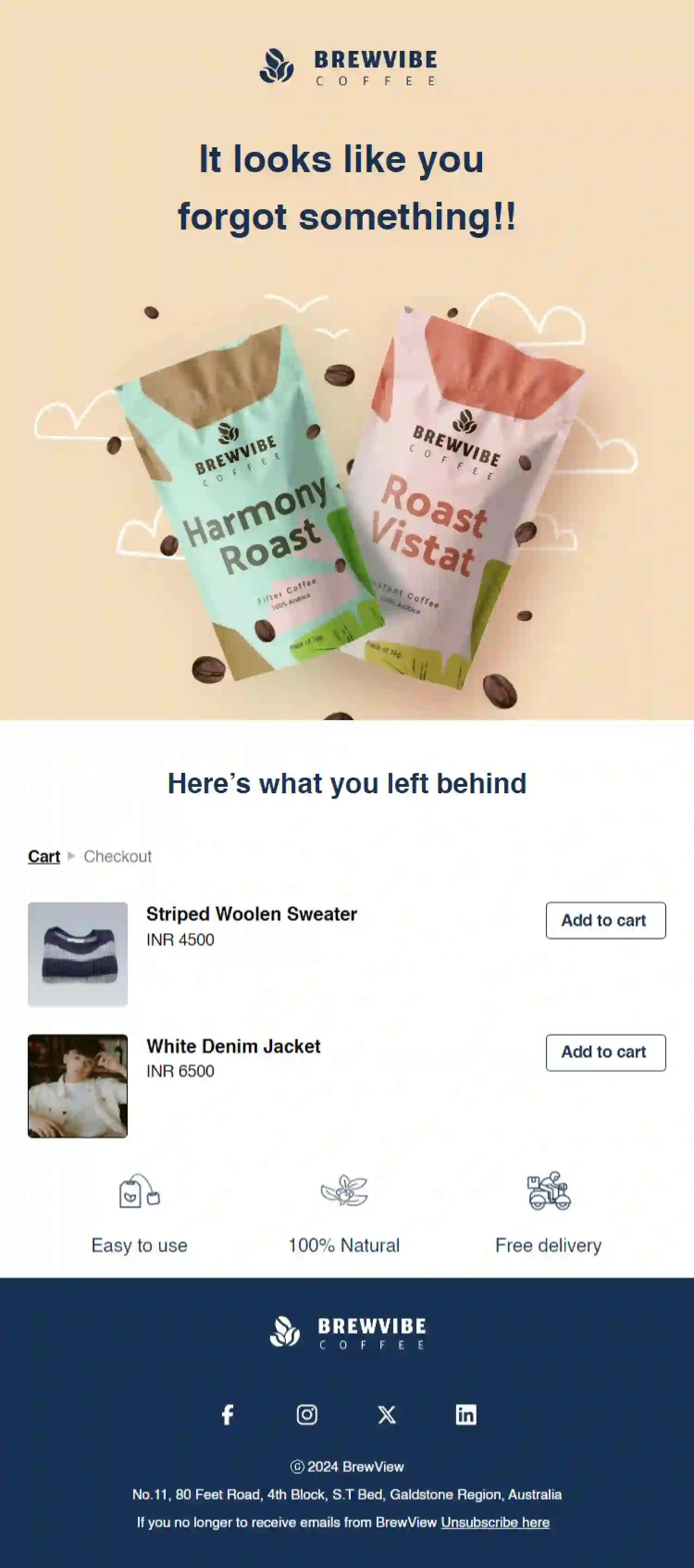 Free Abandonment Cart Email Template for Food and Beverage Brand