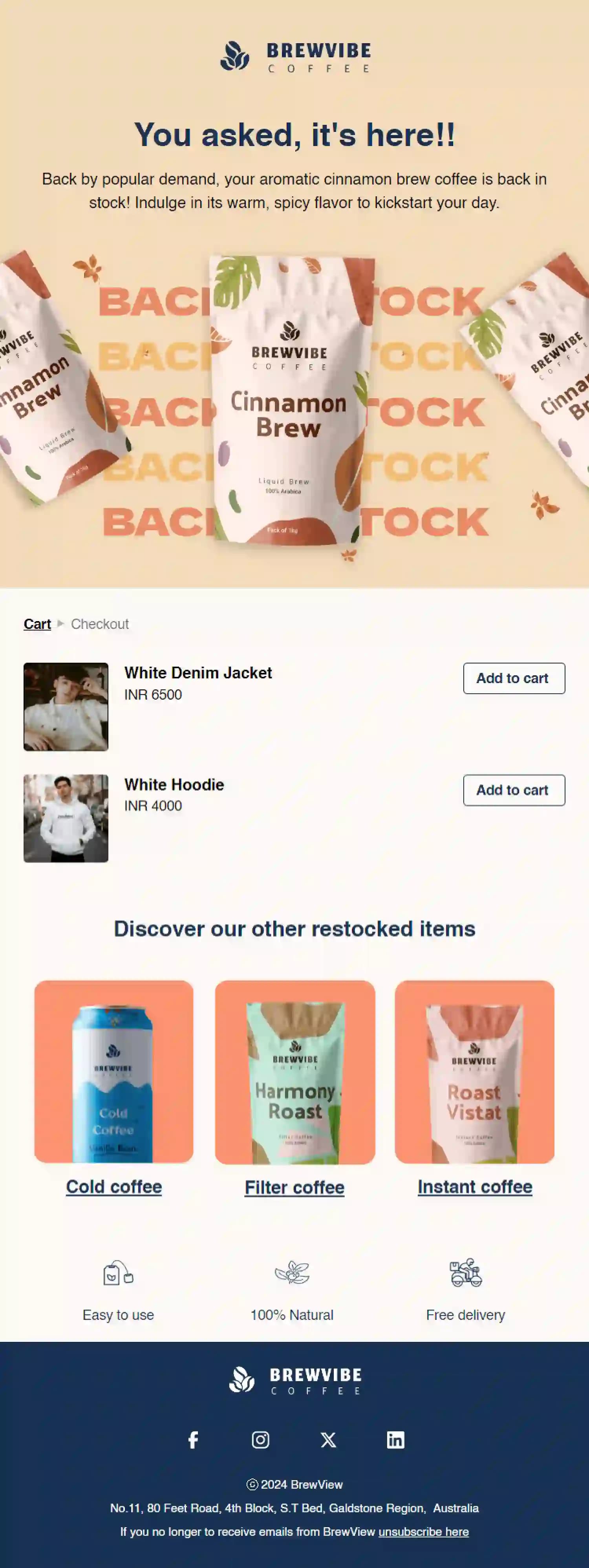 Free Back in Stock Email Template for Food and Beverage Brand