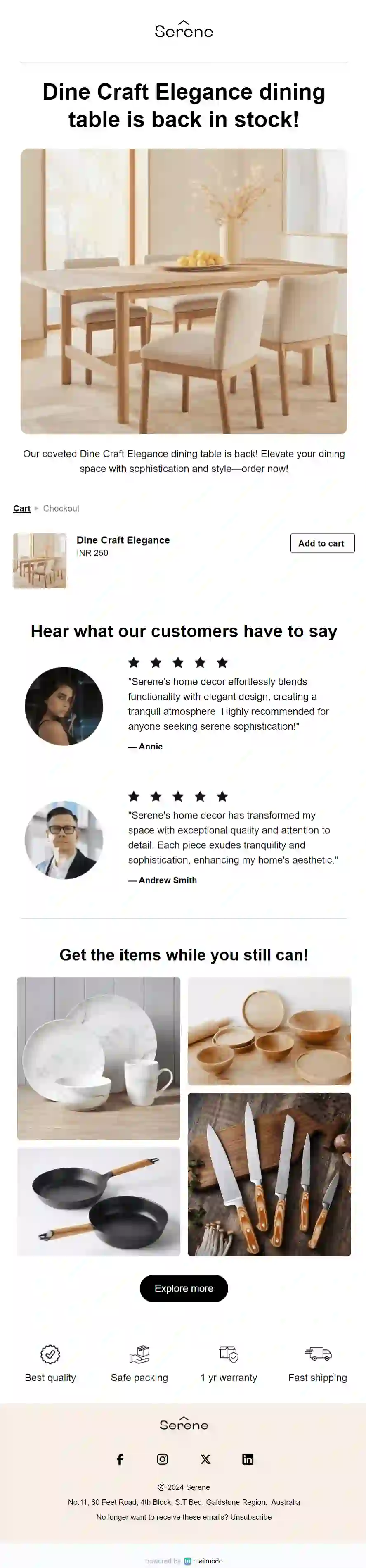 Free Back in Stock Email Template for Furniture and Decor