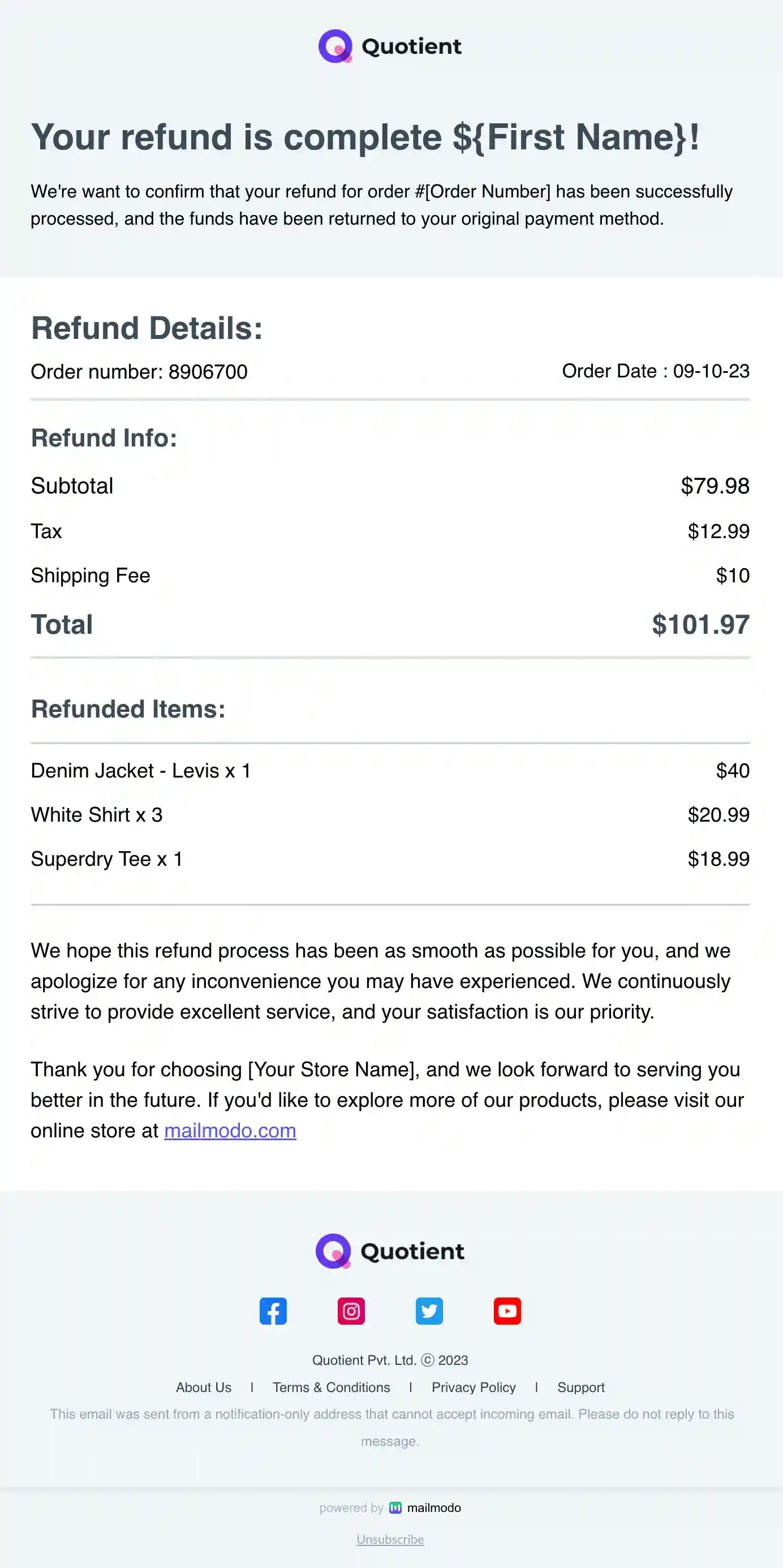 Order Refunded Email Template