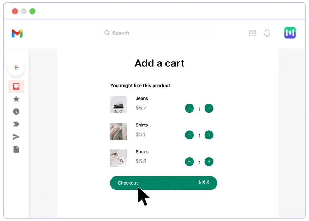 Shopping cart and image carousel for Ecommerce email marketing