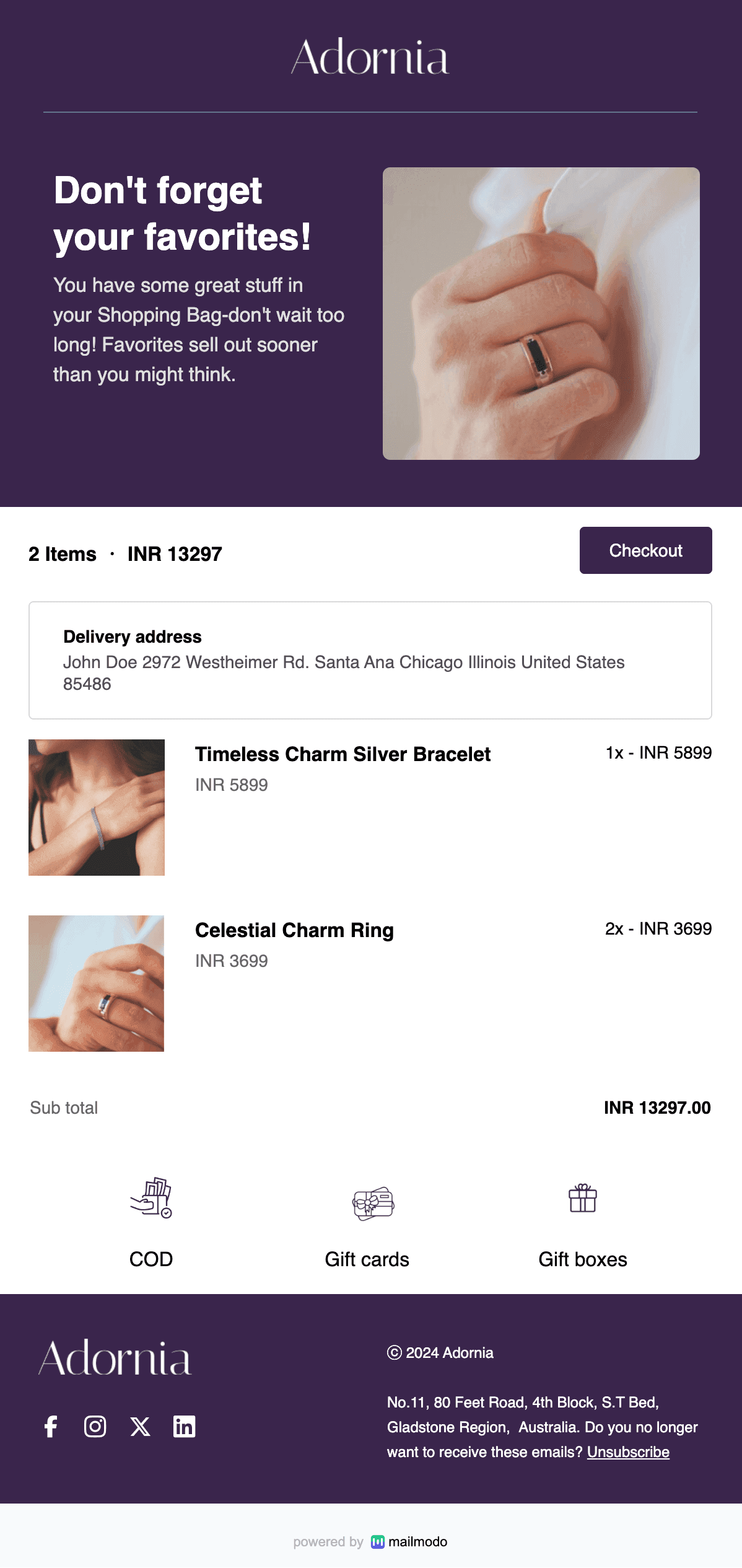 Free Abandonment Cart Email Template for Jewellery store