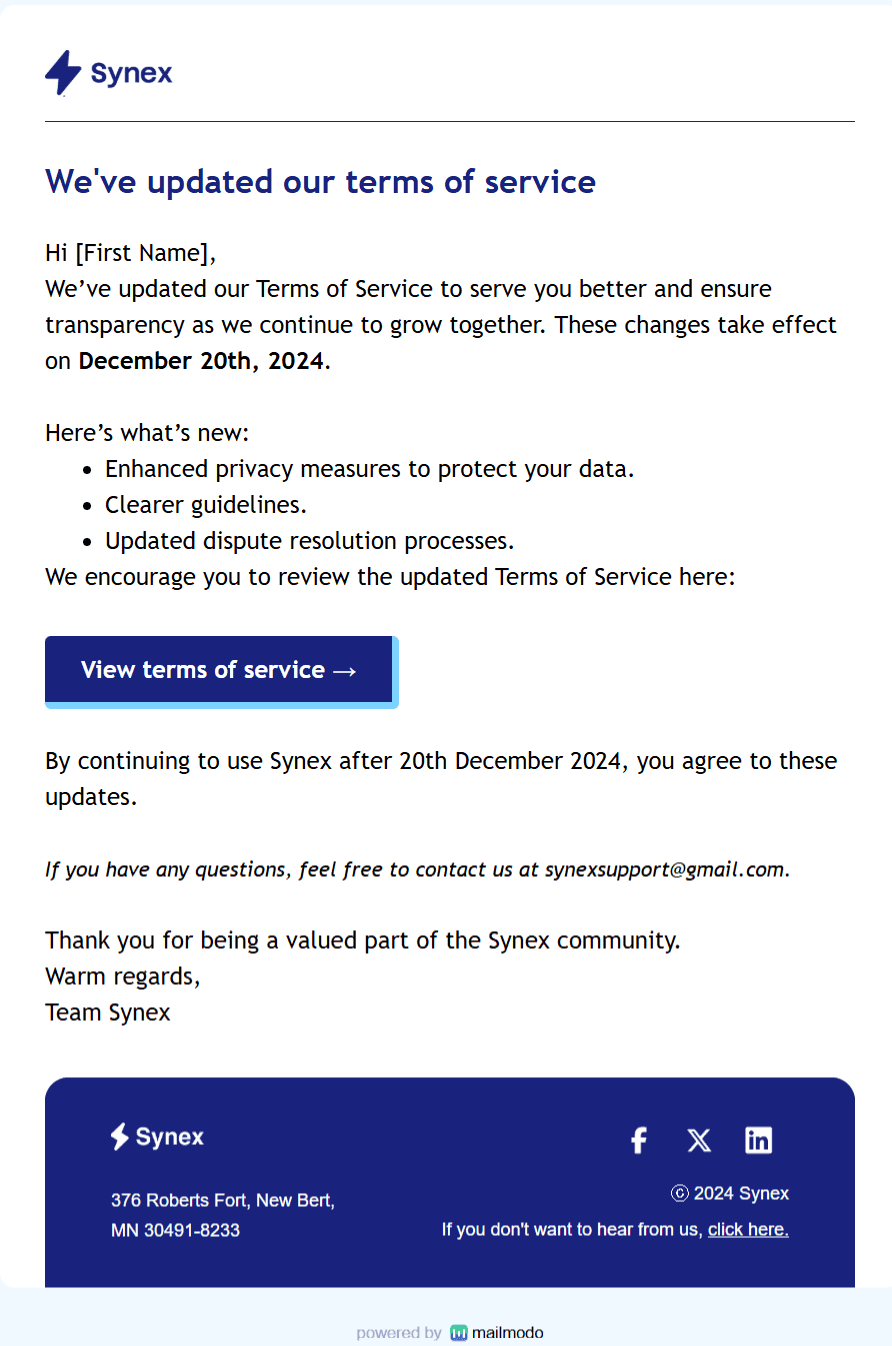 Free Terms of Service Email Template